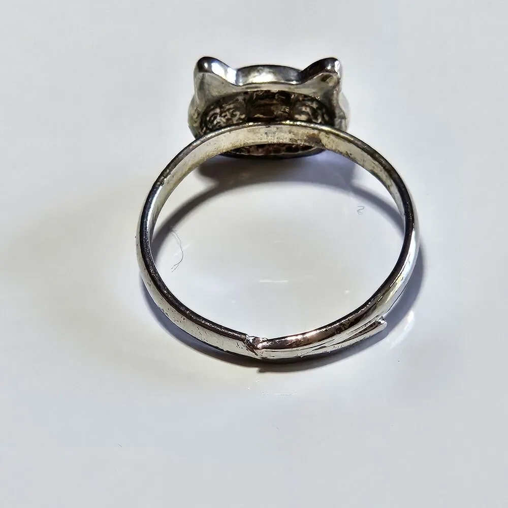 Silver Tone Kitty Cat Whisker Face Adjustable Ring Small
